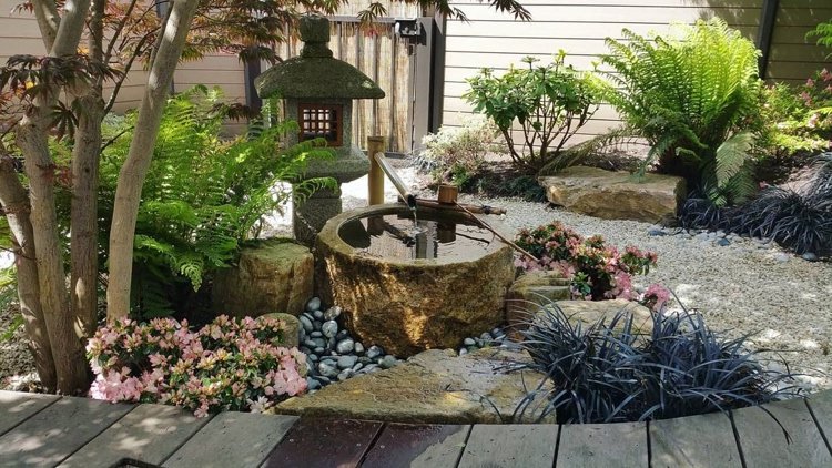 vattenfunktion och stenlykta i japansk trädgård