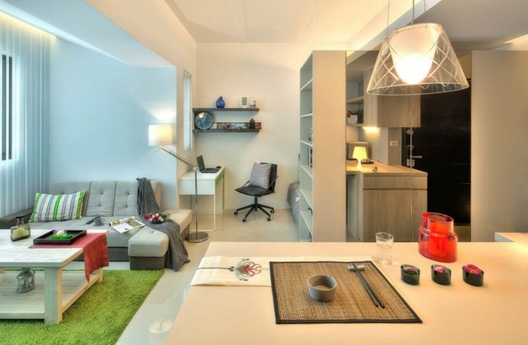1 rums lägenhet inredning lägenhet liten idé ljus spegel