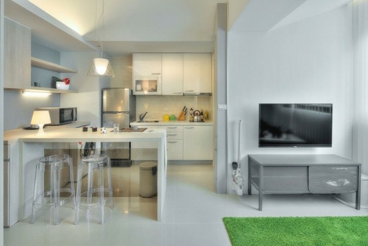 1 rums lägenhet inredning kök design modern vit högglansig