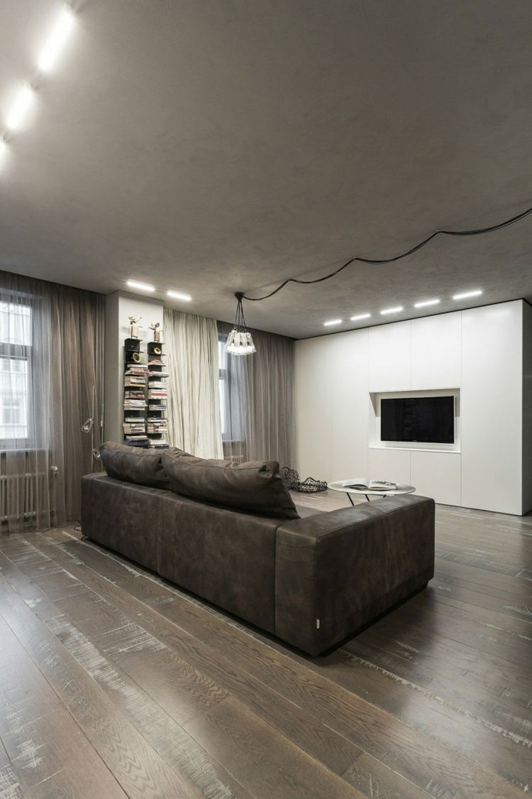 möblering 1 rums lägenhet soffa brun design lysrör