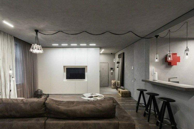 möblera 1 rums lägenhet vägg enhet vit tv lampa kök barstol