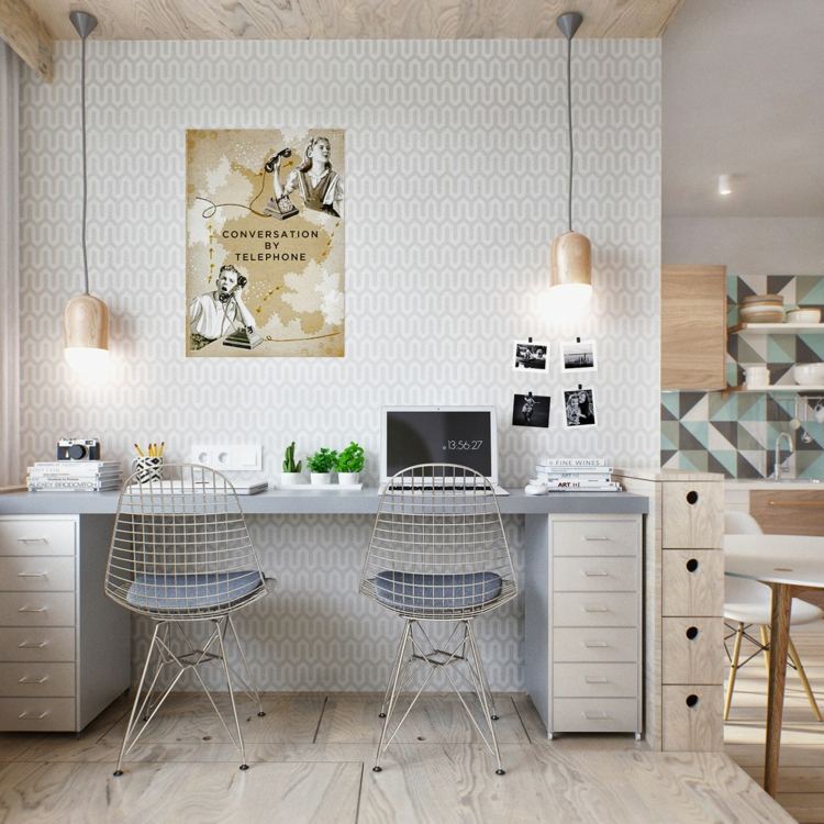 möblera 1 rums lägenhet skrivbord hemmakontor tapet gitter stol design