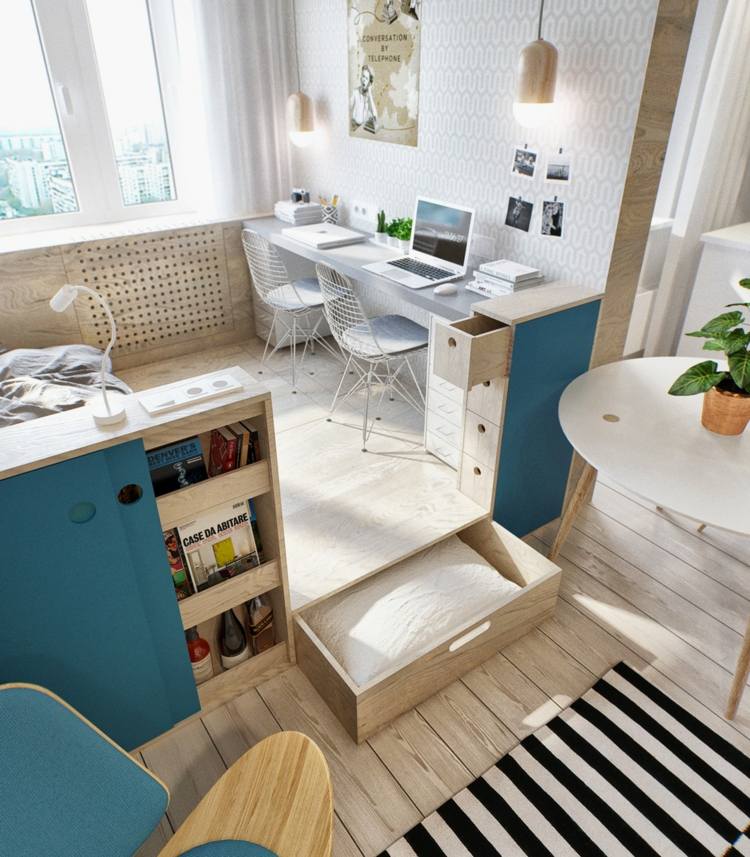 inredning 1 rums lägenhet piedestal sovrum kontorslåda blå design
