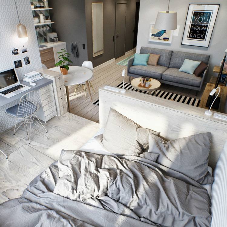 möblera 1 rums lägenhet säng grå sänglinne soffa komfort interiör