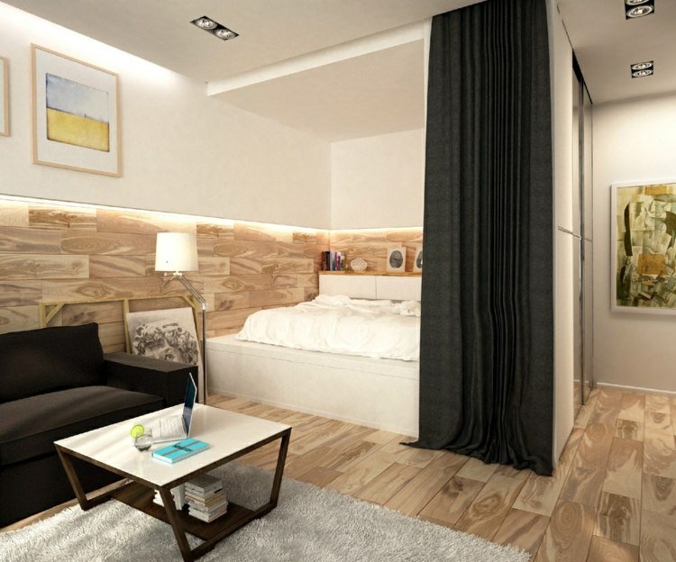 möblera 1 rums lägenhet väggbeklädnad träridå svart
