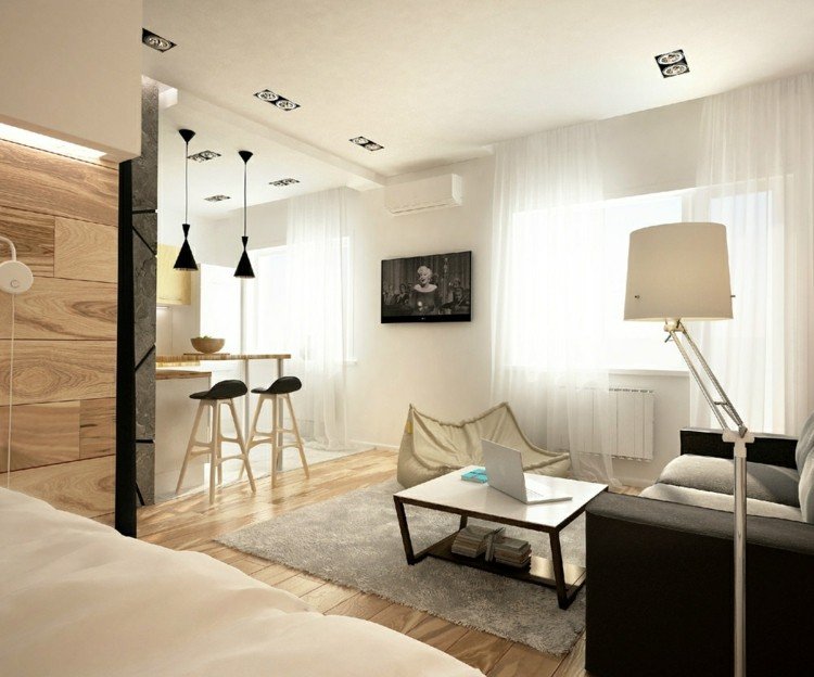 möblera 1 rums lägenhet idé interiör vit golvlampa kök laminat