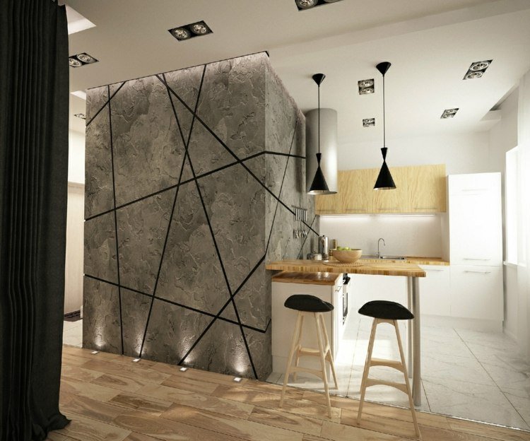 möblera 1 rums lägenhet frukost bar barstol betongvägg abstrakt