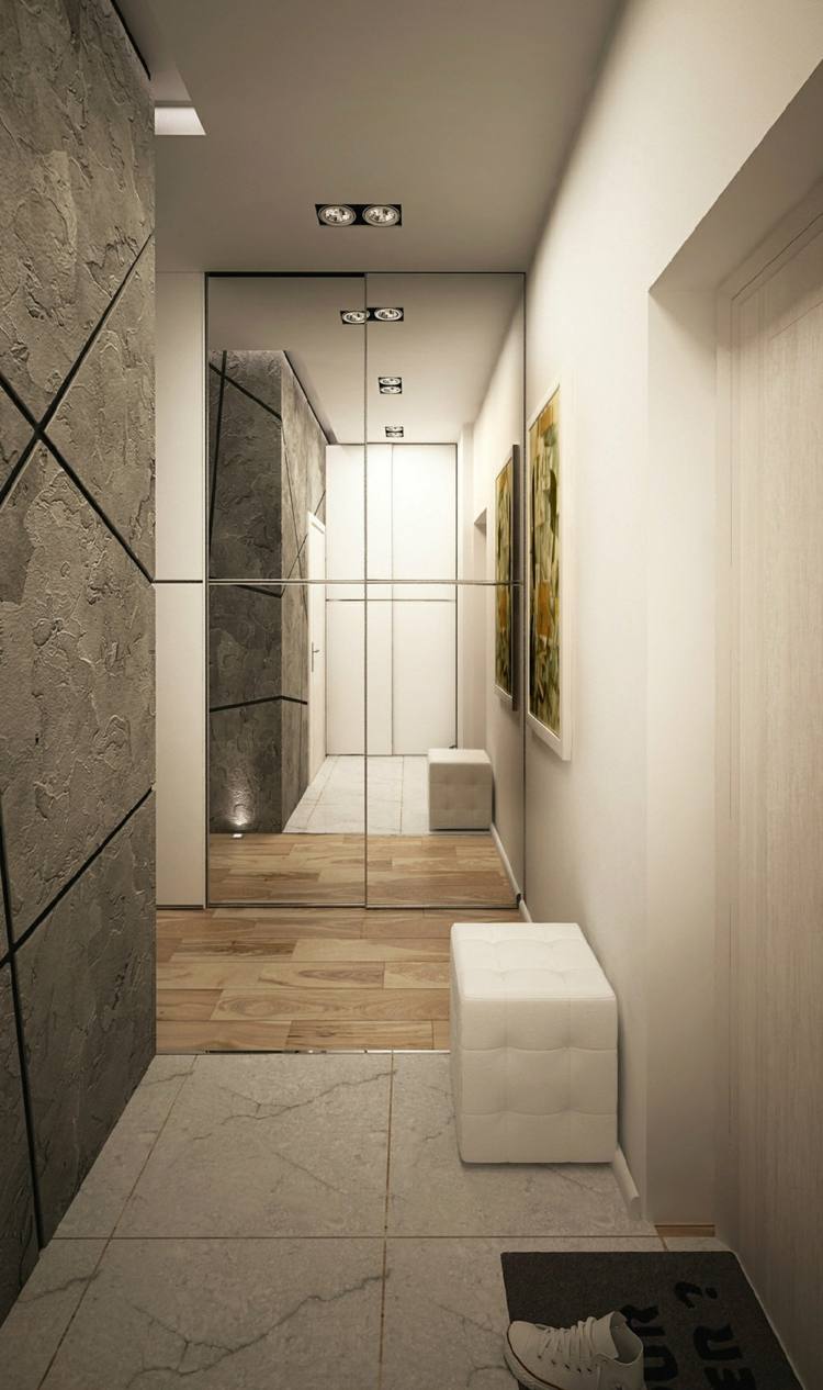 1 rums lägenhet inredning hall spegel betongvägg mönster marmorplattor