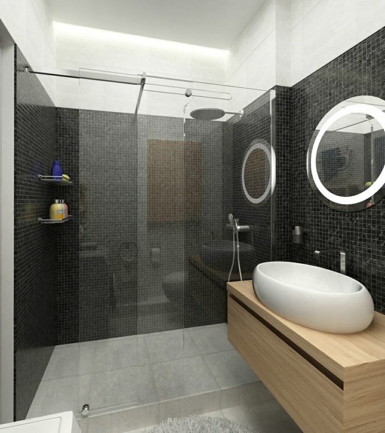 1 rums lägenhet inredning svartgrått badrum mosaikplattor träkonsol dusch