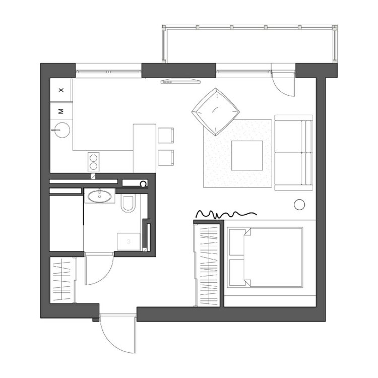 möblera 1 rums lägenhet planlösning interiör idé hörn kök vardagsrum