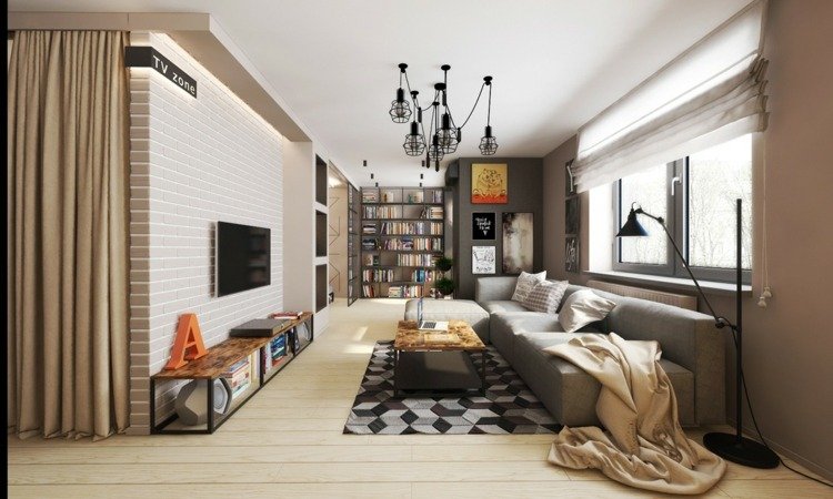möblera 1 rums lägenhet industriell stil modern matta geometrisk golvlampa