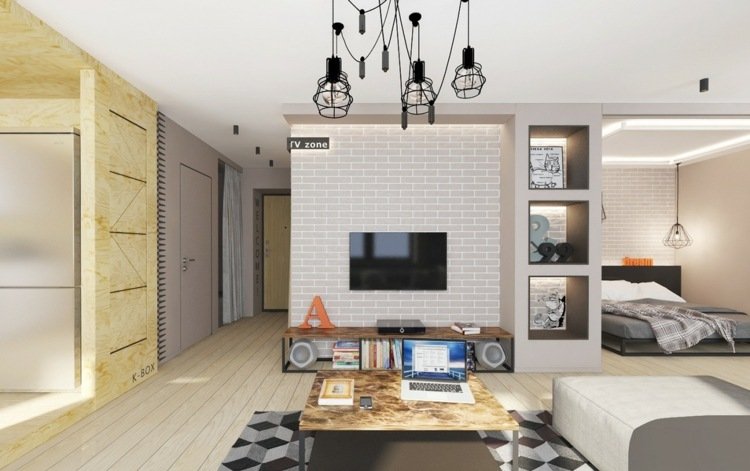 1 rums lägenhet möblering lampor design industriella skänk tegelvägg vit