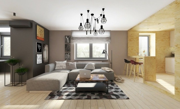 möblera 1 rums lägenhet interiör grå färg lampor modernt trä kök