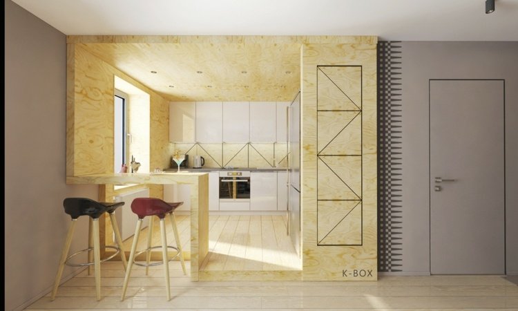 möblera 1 rums lägenhet plywood design vitt kök