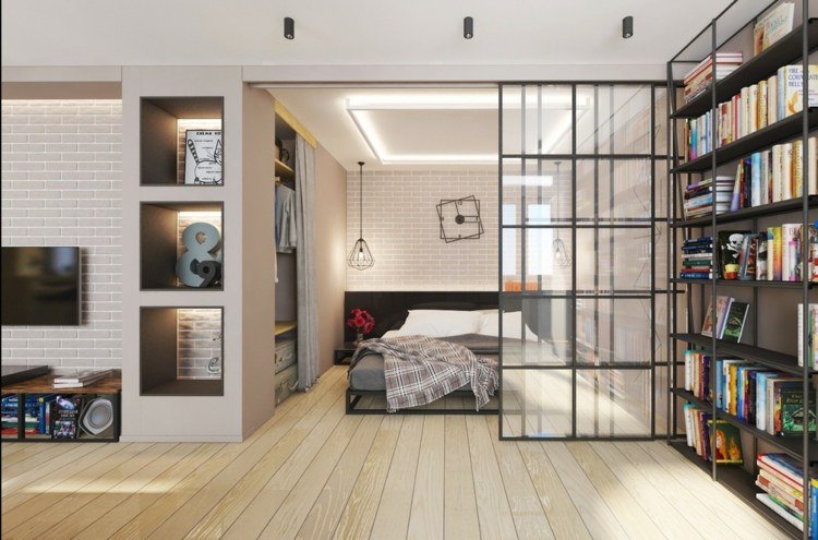 ställa upp 1 rums lägenhet glasdörr skiljevägg sovrum parkett