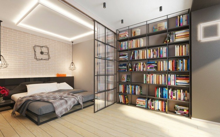 1 sovrum lägenhet möbler vägg hylla skjutdörr glas säng lock design