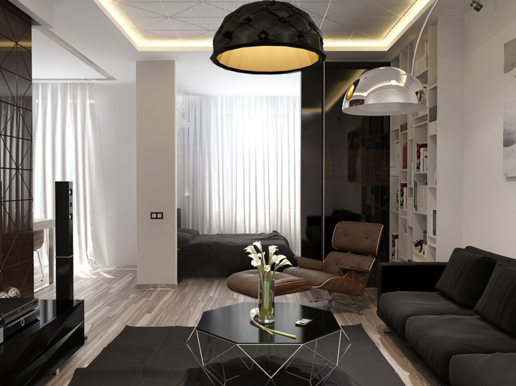 Inred 1 -rumslägenhet åttkantig soffbord svart högglans partition