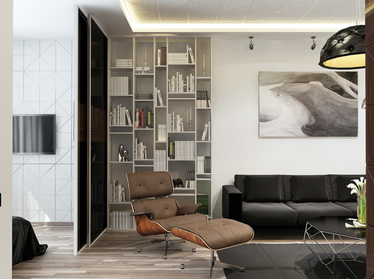 1 rums lägenhet inredning svart interiör brun läder fåtölj pall