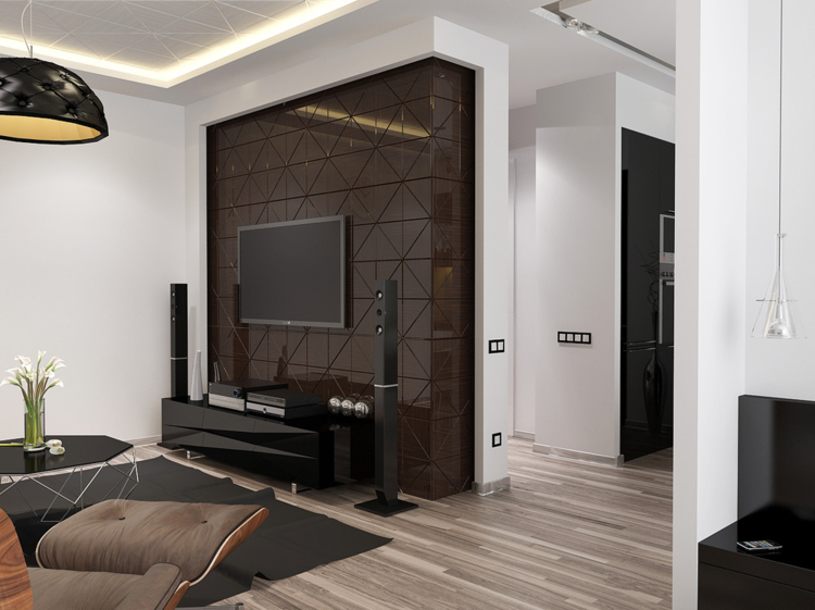 möblera 1 rums lägenhet trägolv accent vägg modern designer lampmatta