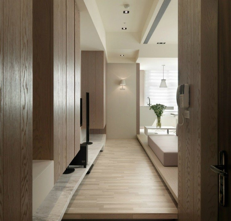 1 rums lägenhet inredning interiör idé trä varm atmosfär