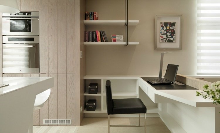 1 rums lägenhet inrättad kontor vit möbelstol svart väggmålning