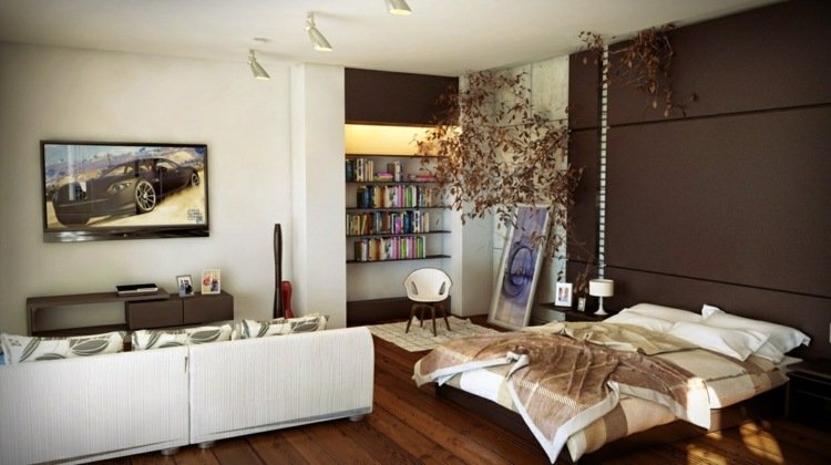 1-rums-lägenhet-inredning-brun-accent vägg-säng-sittgrupp