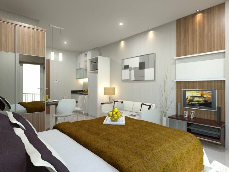 1-rums-lägenhet-inredning-trä-accenter-vit-soffa-belysning