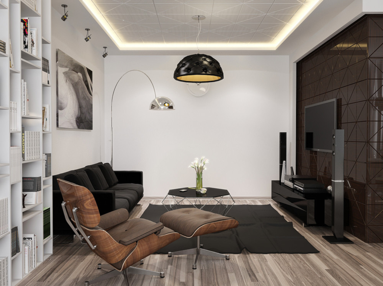möblera 1 rums lägenhet retrostil fåtölj takbelysning hylllampa