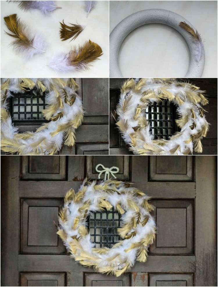 dekoration-fjädrar-gör-det-själv-instruktioner-dörr-krans-guld-vit