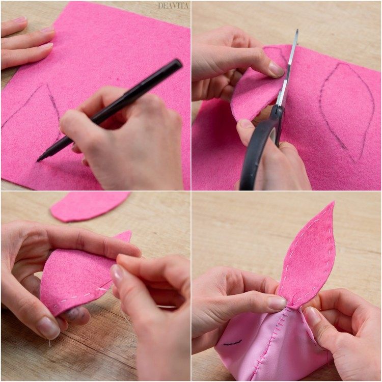 Rita rosa filtkaninöron, klipp ut och sy på påsen