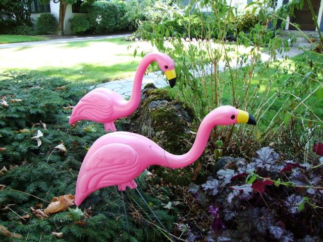 idéer trädgård dekoration roliga rosa flamingo dekorativa figurer