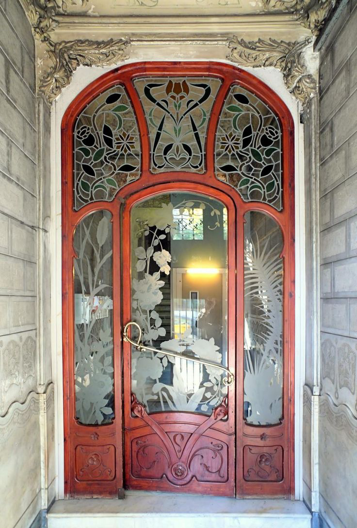 Ytterdörr art nouveau träglas blommig prydnad målat glas
