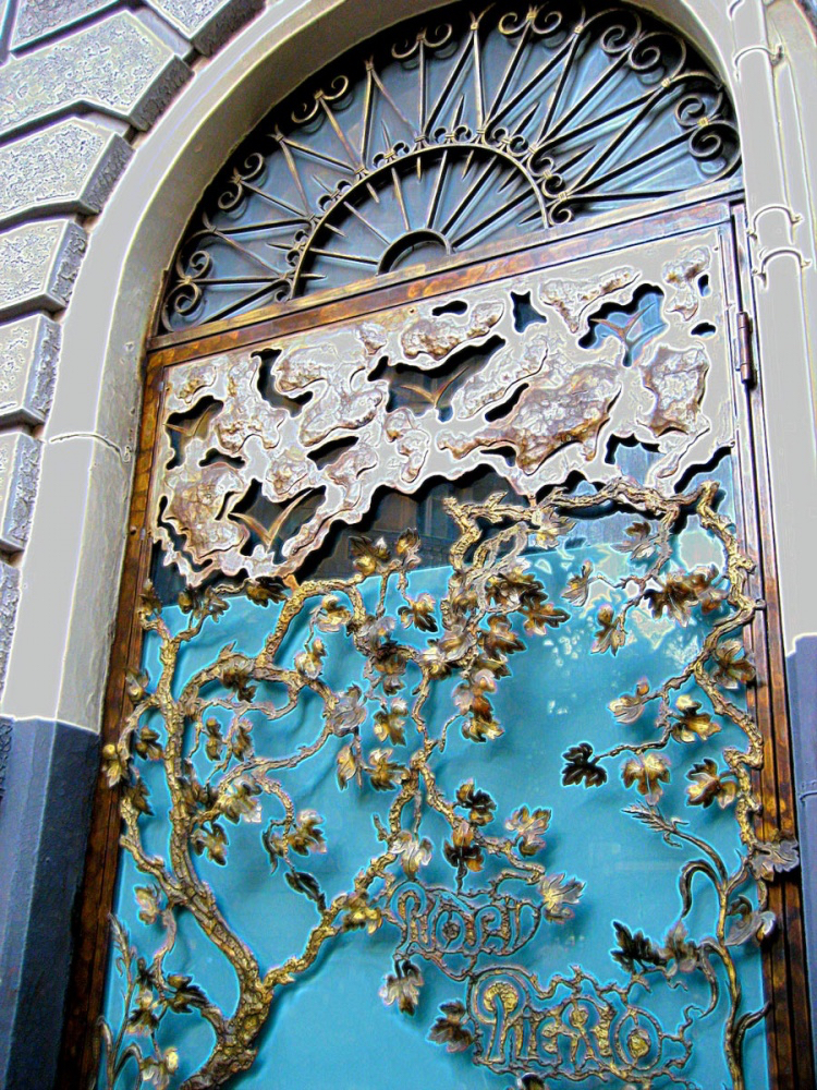 Art Nouveau dörr antika löv rankar mässing
