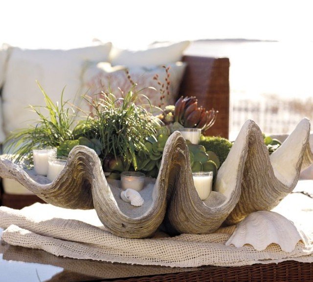 trä-skål-skal-form-sand-ljus-växter-dekoration