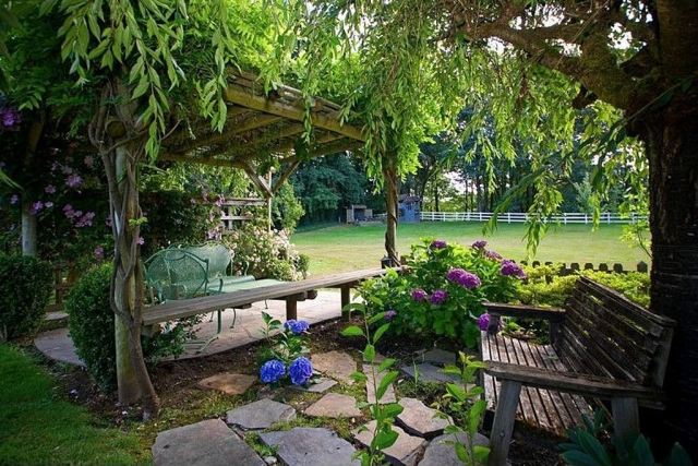 Lantliga-och-färgglada-trädgård-idéer-pergola-klätterväxter