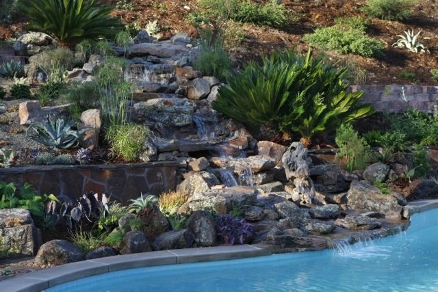 Wellness plats-vattenfall-vatten funktioner-sten-trädgård-åtföljande växter