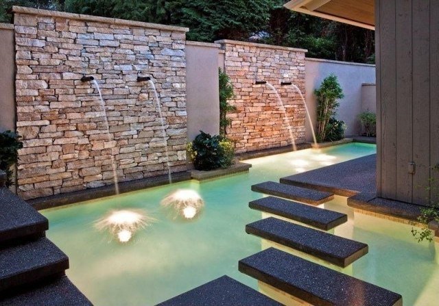 Modern-trädgård design-vattensystem-steg väg-wellness-plats-vägg fontän-ljuskällor
