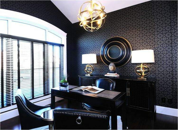 idéer för kontorsmöbler hemma lädermöbler-arbetsplats-lyx-svart-guld-tapeter-skänk-bordslampor