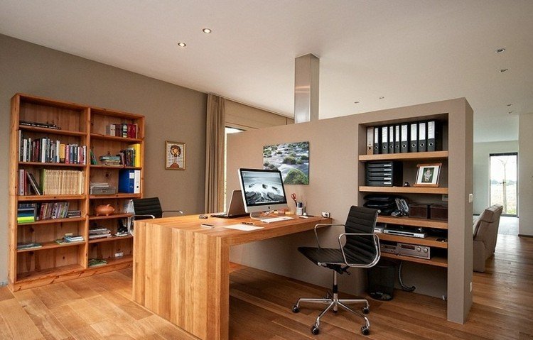 Idéer för kontorsmöbler hemma rumsavdelare-platsbesparande-arbetsplats-trä-nisch-bokhylla-taupe