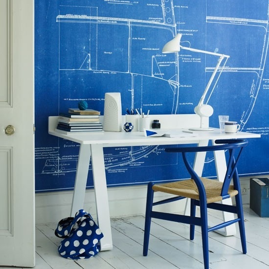 Levande idéer hemmakontor blå vit moderna klassiska kontorsmöbler