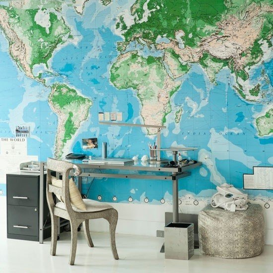 Levande idéer hemmakontor-blå grön världskarta-vintage retro möbler
