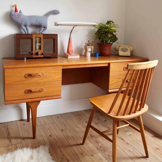 Living idéer hemmakontor varmt trä brun retro möbeldesign