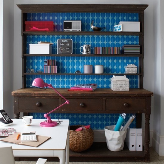 Levande idéer hemmakontor blå-mörkbrun-vintage stil