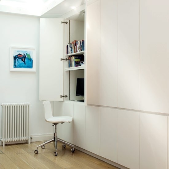 Levande idéer hemmakontor vit minimalistisk plats spara moderna möbler