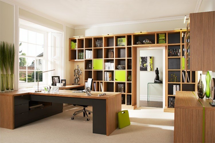 Idéer för kontorsmöbler hem modulär-arbetsstation-hylla-vägg-trä-äppelgrön