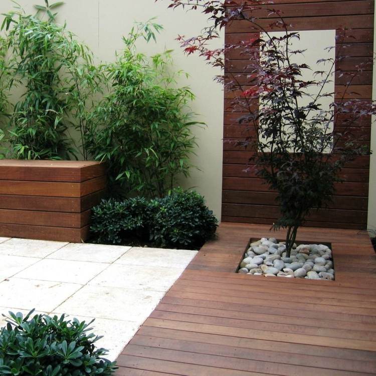 idéer för trädgårdsdesign modern-japansk-lönn-terrass-design-stenar-kakel-bambu