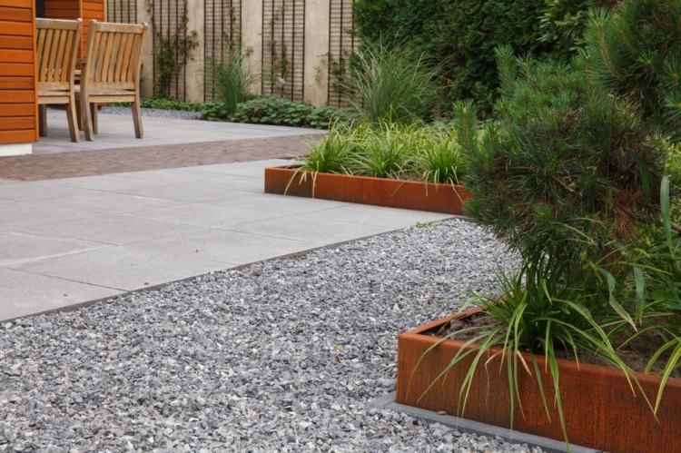idéer för trädgårdsdesign modern-säng-kant-corten-rostfritt stål-grå-stenar