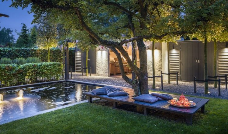 idéer-trädgård design-moderna-ljus-utanför-område-stimulering-bänk-träd-pool