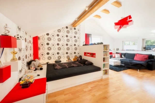 tonåring-rum-med-sluttande-nischer-smart-använd-idéer-design-röd-svart