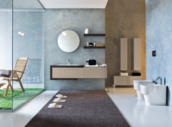 minimalistisk design-rund-vägg-spegel-rektangulära-skåp-i-badrummet